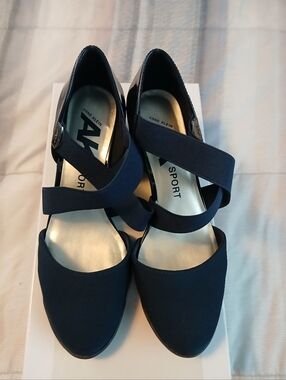Anne Klein Navy Crossband Wedge Sandals